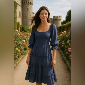 Mittoshop Midi Dress Summer Autumn Puff Sleeve Smocked Tier Cottagecore Prairie